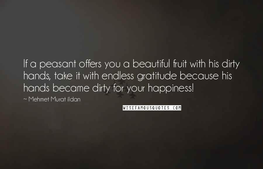 Mehmet Murat Ildan Quotes: If a peasant offers you a beautiful fruit with his dirty hands, take it with endless gratitude because his hands became dirty for your happiness!