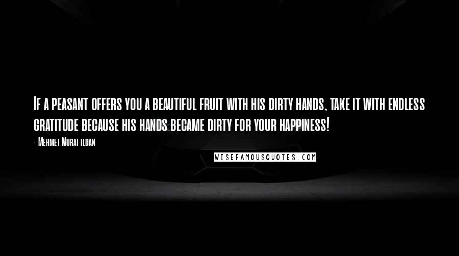 Mehmet Murat Ildan Quotes: If a peasant offers you a beautiful fruit with his dirty hands, take it with endless gratitude because his hands became dirty for your happiness!