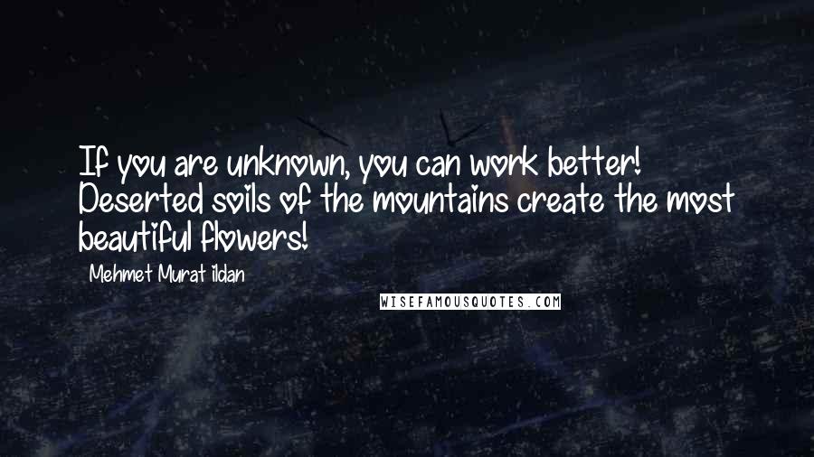 Mehmet Murat Ildan Quotes: If you are unknown, you can work better! Deserted soils of the mountains create the most beautiful flowers!