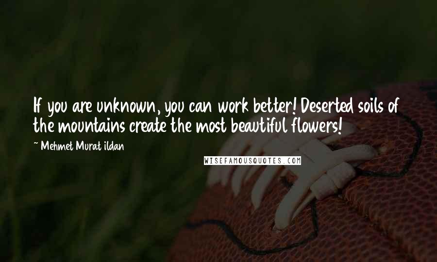 Mehmet Murat Ildan Quotes: If you are unknown, you can work better! Deserted soils of the mountains create the most beautiful flowers!