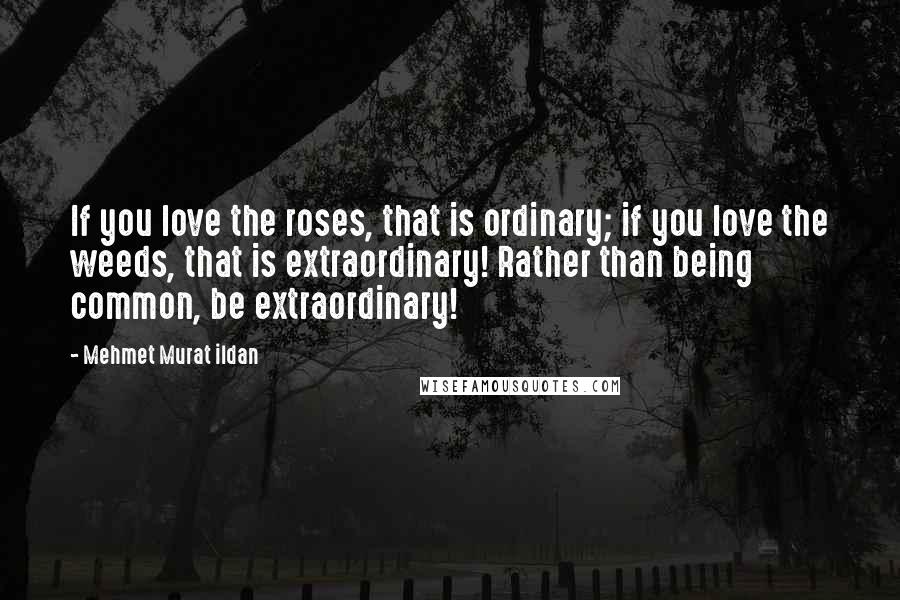 Mehmet Murat Ildan Quotes: If you love the roses, that is ordinary; if you love the weeds, that is extraordinary! Rather than being common, be extraordinary!