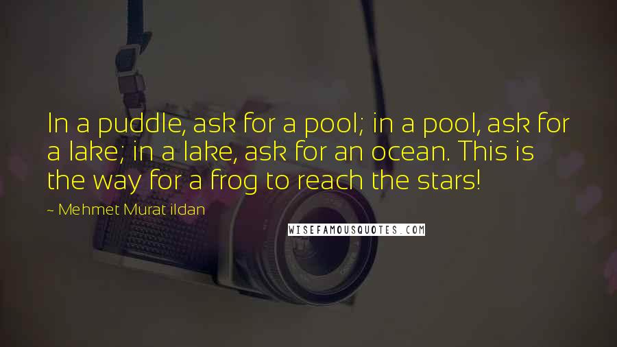 Mehmet Murat Ildan Quotes: In a puddle, ask for a pool; in a pool, ask for a lake; in a lake, ask for an ocean. This is the way for a frog to reach the stars!