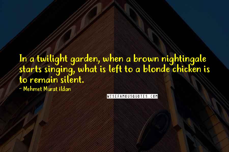Mehmet Murat Ildan Quotes: In a twilight garden, when a brown nightingale starts singing, what is left to a blonde chicken is to remain silent.