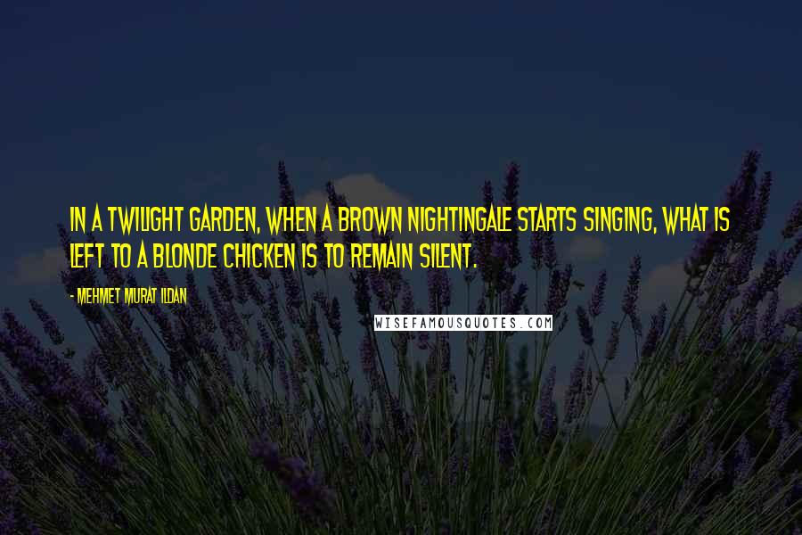 Mehmet Murat Ildan Quotes: In a twilight garden, when a brown nightingale starts singing, what is left to a blonde chicken is to remain silent.