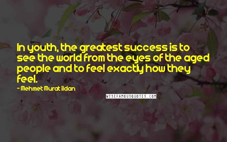 Mehmet Murat Ildan Quotes: In youth, the greatest success is to see the world from the eyes of the aged people and to feel exactly how they feel.