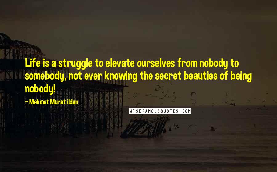 Mehmet Murat Ildan Quotes: Life is a struggle to elevate ourselves from nobody to somebody, not ever knowing the secret beauties of being nobody!