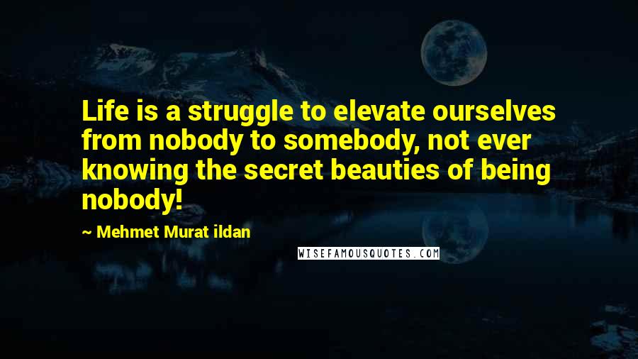 Mehmet Murat Ildan Quotes: Life is a struggle to elevate ourselves from nobody to somebody, not ever knowing the secret beauties of being nobody!