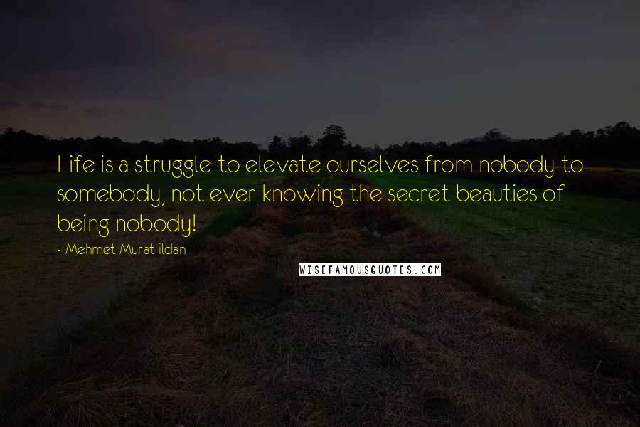 Mehmet Murat Ildan Quotes: Life is a struggle to elevate ourselves from nobody to somebody, not ever knowing the secret beauties of being nobody!