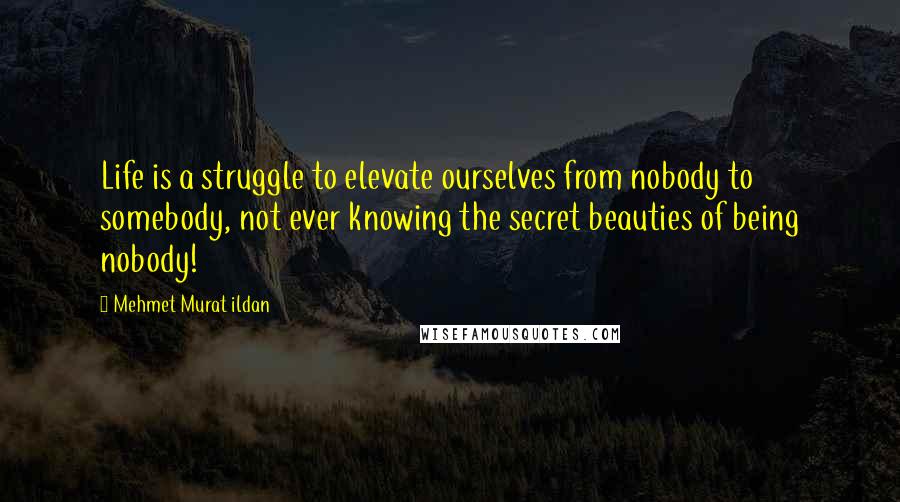 Mehmet Murat Ildan Quotes: Life is a struggle to elevate ourselves from nobody to somebody, not ever knowing the secret beauties of being nobody!