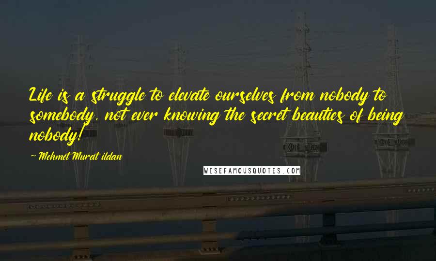 Mehmet Murat Ildan Quotes: Life is a struggle to elevate ourselves from nobody to somebody, not ever knowing the secret beauties of being nobody!