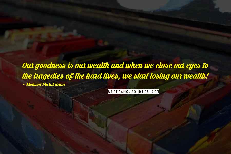 Mehmet Murat Ildan Quotes: Our goodness is our wealth and when we close our eyes to the tragedies of the hard lives, we start losing our wealth!