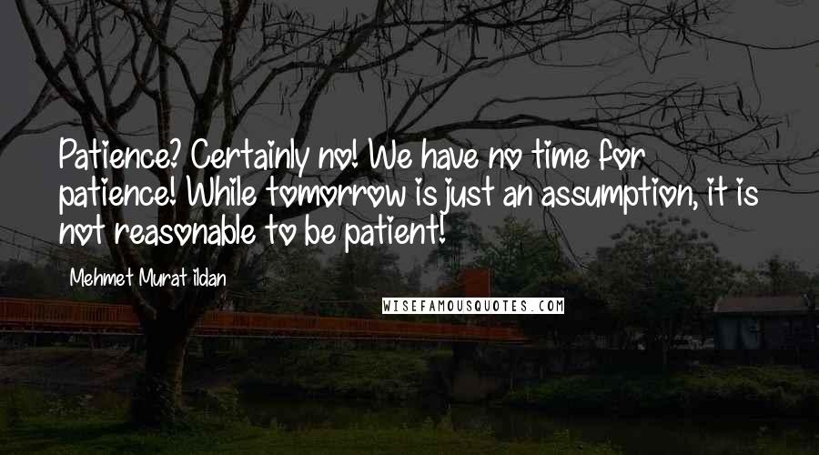 Mehmet Murat Ildan Quotes: Patience? Certainly no! We have no time for patience! While tomorrow is just an assumption, it is not reasonable to be patient!