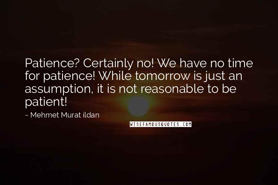 Mehmet Murat Ildan Quotes: Patience? Certainly no! We have no time for patience! While tomorrow is just an assumption, it is not reasonable to be patient!