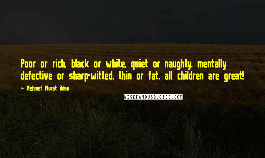 Mehmet Murat Ildan Quotes: Poor or rich, black or white, quiet or naughty, mentally defective or sharp-witted, thin or fat, all children are great!