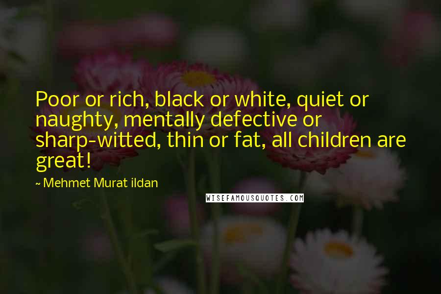 Mehmet Murat Ildan Quotes: Poor or rich, black or white, quiet or naughty, mentally defective or sharp-witted, thin or fat, all children are great!