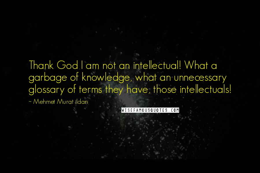 Mehmet Murat Ildan Quotes: Thank God I am not an intellectual! What a garbage of knowledge, what an unnecessary glossary of terms they have, those intellectuals!