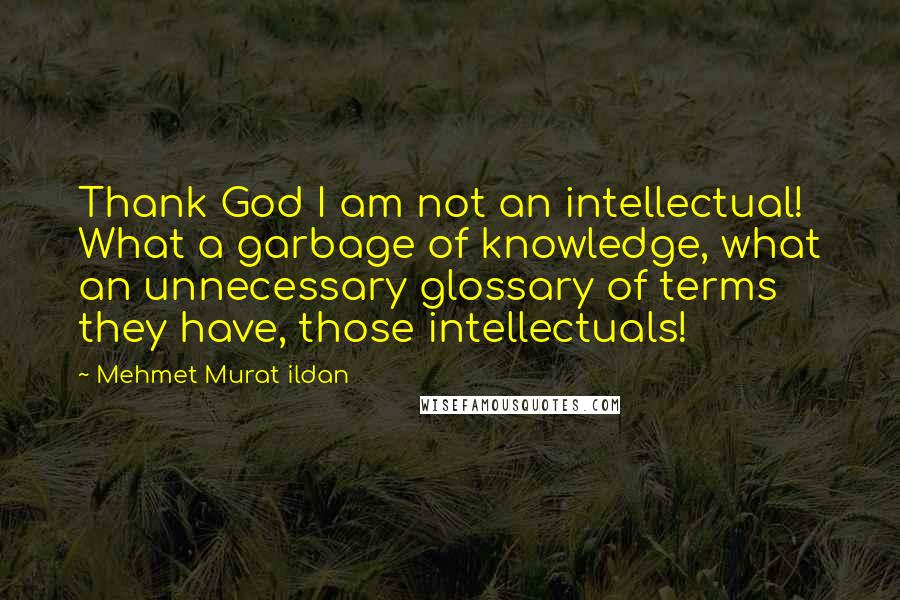 Mehmet Murat Ildan Quotes: Thank God I am not an intellectual! What a garbage of knowledge, what an unnecessary glossary of terms they have, those intellectuals!