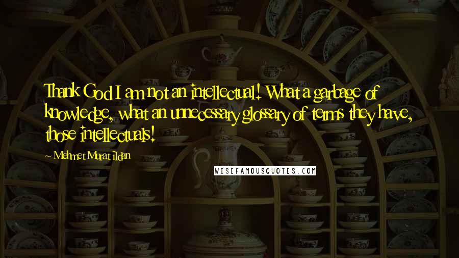 Mehmet Murat Ildan Quotes: Thank God I am not an intellectual! What a garbage of knowledge, what an unnecessary glossary of terms they have, those intellectuals!