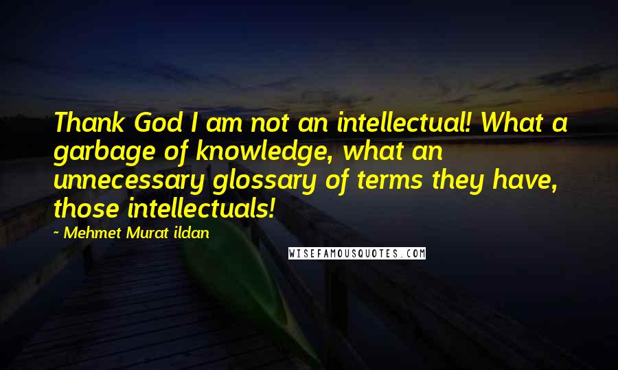 Mehmet Murat Ildan Quotes: Thank God I am not an intellectual! What a garbage of knowledge, what an unnecessary glossary of terms they have, those intellectuals!