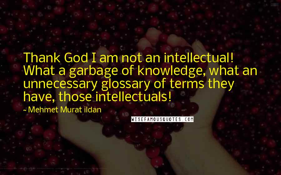 Mehmet Murat Ildan Quotes: Thank God I am not an intellectual! What a garbage of knowledge, what an unnecessary glossary of terms they have, those intellectuals!