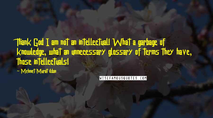 Mehmet Murat Ildan Quotes: Thank God I am not an intellectual! What a garbage of knowledge, what an unnecessary glossary of terms they have, those intellectuals!