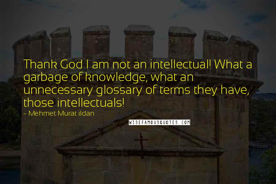 Mehmet Murat Ildan Quotes: Thank God I am not an intellectual! What a garbage of knowledge, what an unnecessary glossary of terms they have, those intellectuals!