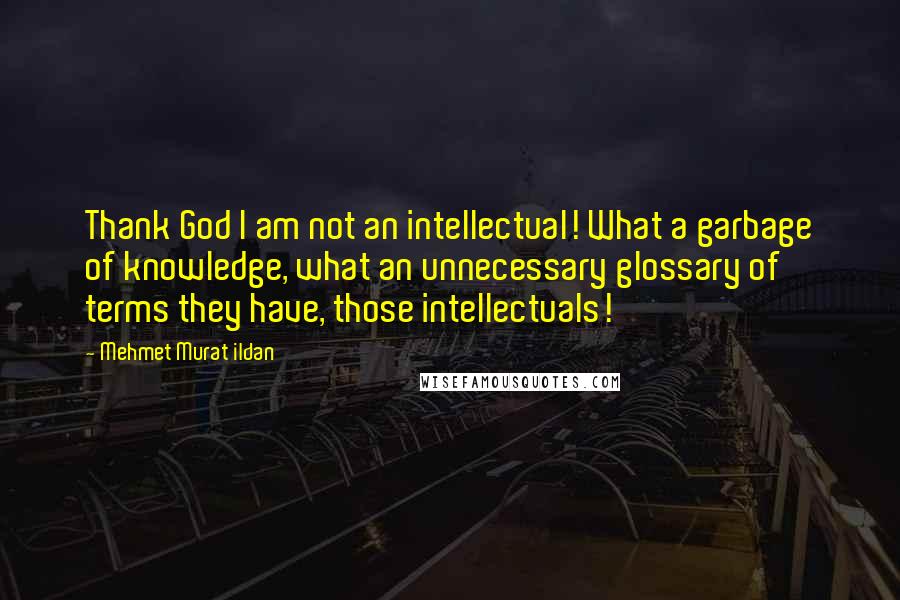 Mehmet Murat Ildan Quotes: Thank God I am not an intellectual! What a garbage of knowledge, what an unnecessary glossary of terms they have, those intellectuals!