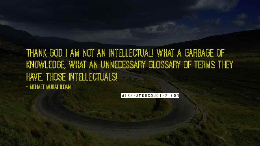 Mehmet Murat Ildan Quotes: Thank God I am not an intellectual! What a garbage of knowledge, what an unnecessary glossary of terms they have, those intellectuals!