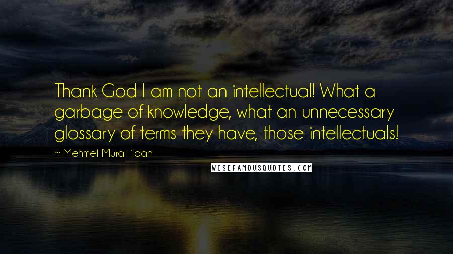 Mehmet Murat Ildan Quotes: Thank God I am not an intellectual! What a garbage of knowledge, what an unnecessary glossary of terms they have, those intellectuals!