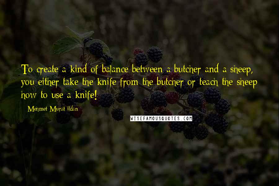 Mehmet Murat Ildan Quotes: To create a kind of balance between a butcher and a sheep, you either take the knife from the butcher or teach the sheep how to use a knife!