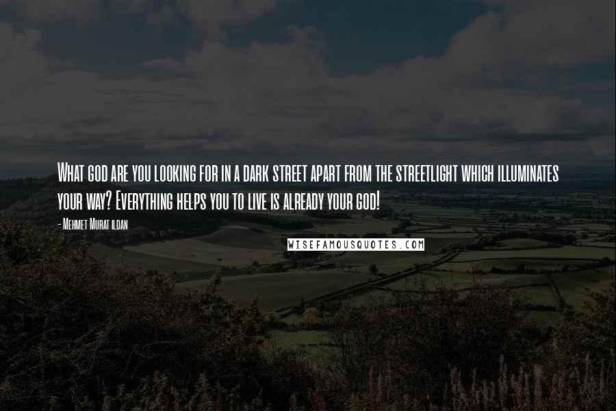 Mehmet Murat Ildan Quotes: What god are you looking for in a dark street apart from the streetlight which illuminates your way? Everything helps you to live is already your god!