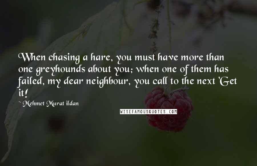 Mehmet Murat Ildan Quotes: When chasing a hare, you must have more than one greyhounds about you; when one of them has failed, my dear neighbour, you call to the next 'Get it!