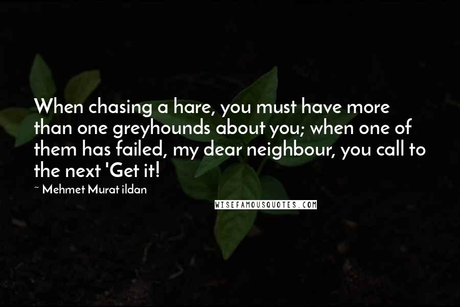 Mehmet Murat Ildan Quotes: When chasing a hare, you must have more than one greyhounds about you; when one of them has failed, my dear neighbour, you call to the next 'Get it!