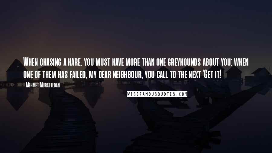 Mehmet Murat Ildan Quotes: When chasing a hare, you must have more than one greyhounds about you; when one of them has failed, my dear neighbour, you call to the next 'Get it!