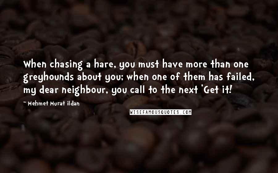 Mehmet Murat Ildan Quotes: When chasing a hare, you must have more than one greyhounds about you; when one of them has failed, my dear neighbour, you call to the next 'Get it!