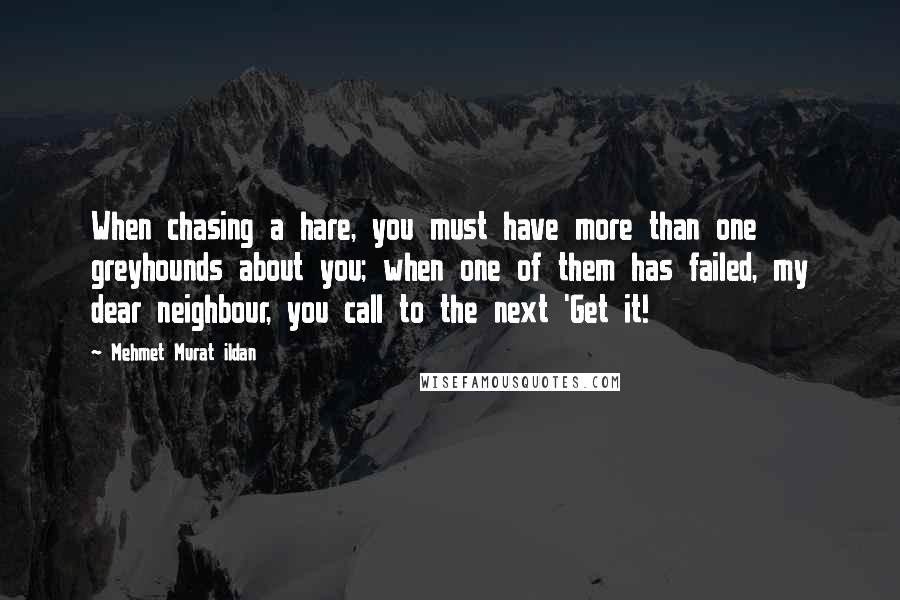 Mehmet Murat Ildan Quotes: When chasing a hare, you must have more than one greyhounds about you; when one of them has failed, my dear neighbour, you call to the next 'Get it!