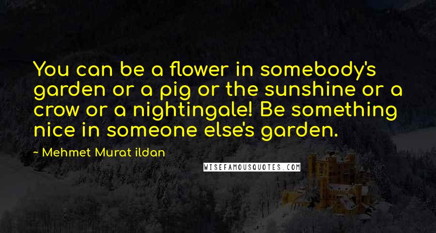 Mehmet Murat Ildan Quotes: You can be a flower in somebody's garden or a pig or the sunshine or a crow or a nightingale! Be something nice in someone else's garden.
