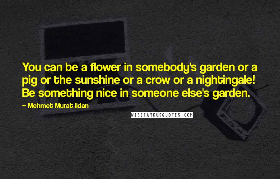 Mehmet Murat Ildan Quotes: You can be a flower in somebody's garden or a pig or the sunshine or a crow or a nightingale! Be something nice in someone else's garden.