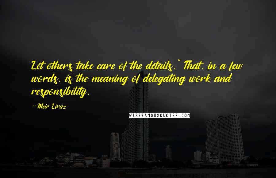 Meir Liraz Quotes: Let others take care of the details." That, in a few words, is the meaning of delegating work and responsibility.