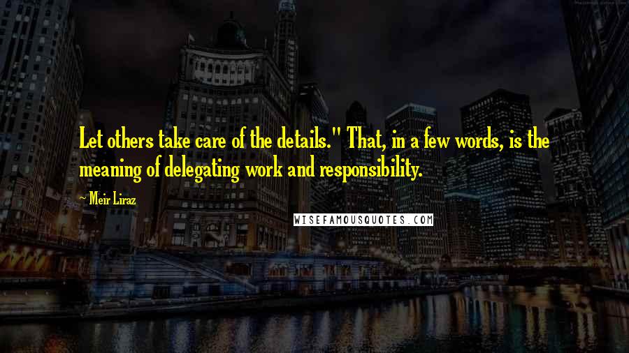 Meir Liraz Quotes: Let others take care of the details." That, in a few words, is the meaning of delegating work and responsibility.