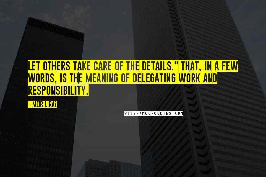 Meir Liraz Quotes: Let others take care of the details." That, in a few words, is the meaning of delegating work and responsibility.