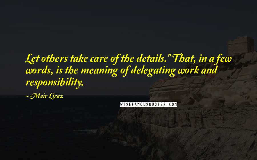 Meir Liraz Quotes: Let others take care of the details." That, in a few words, is the meaning of delegating work and responsibility.