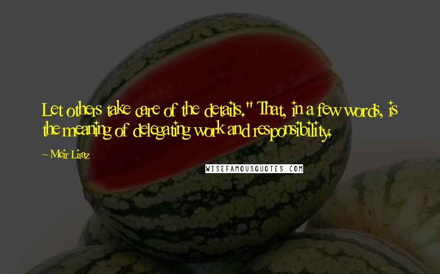 Meir Liraz Quotes: Let others take care of the details." That, in a few words, is the meaning of delegating work and responsibility.