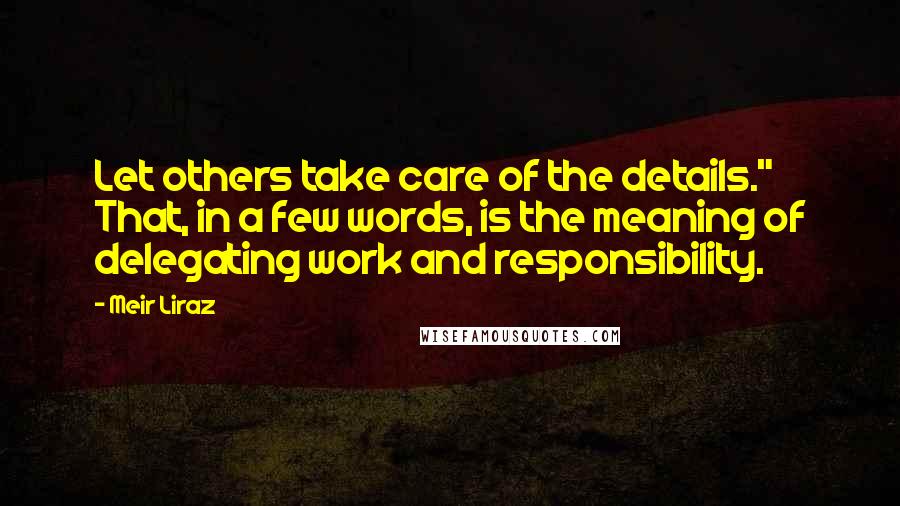 Meir Liraz Quotes: Let others take care of the details." That, in a few words, is the meaning of delegating work and responsibility.