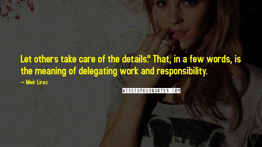 Meir Liraz Quotes: Let others take care of the details." That, in a few words, is the meaning of delegating work and responsibility.