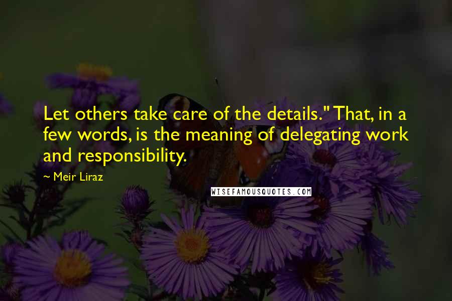 Meir Liraz Quotes: Let others take care of the details." That, in a few words, is the meaning of delegating work and responsibility.