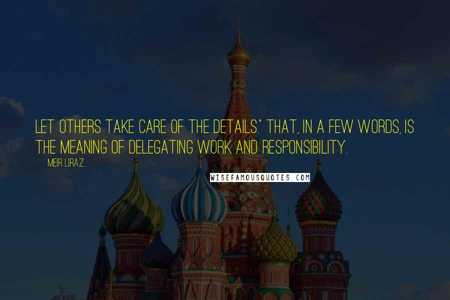 Meir Liraz Quotes: Let others take care of the details." That, in a few words, is the meaning of delegating work and responsibility.