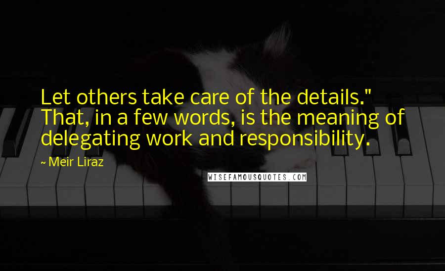 Meir Liraz Quotes: Let others take care of the details." That, in a few words, is the meaning of delegating work and responsibility.
