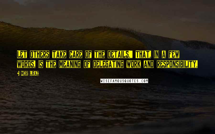 Meir Liraz Quotes: Let others take care of the details." That, in a few words, is the meaning of delegating work and responsibility.