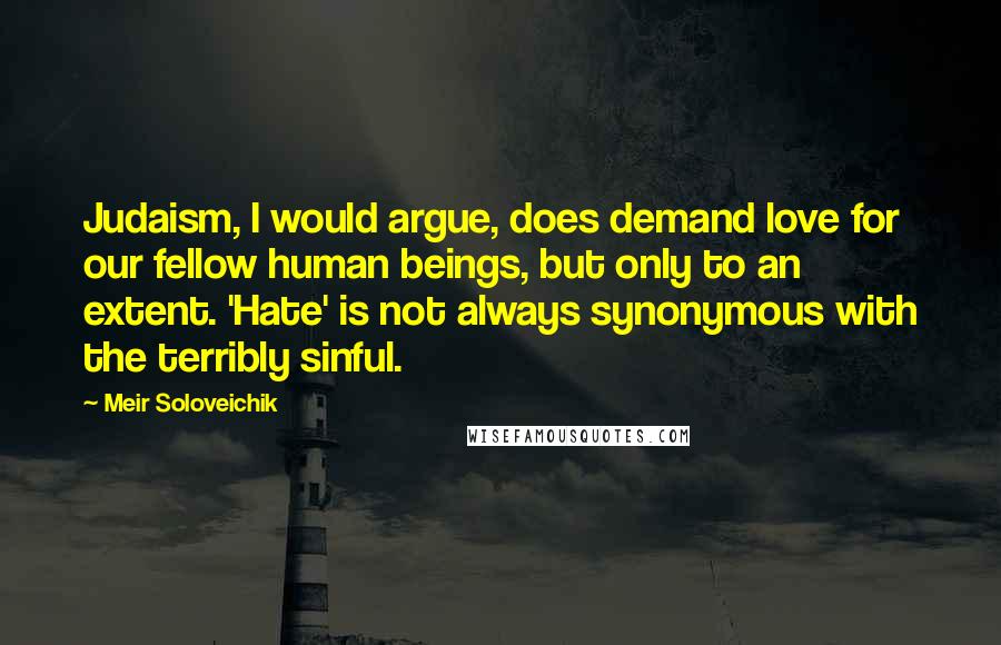 Meir Soloveichik Quotes: Judaism, I would argue, does demand love for our fellow human beings, but only to an extent. 'Hate' is not always synonymous with the terribly sinful.